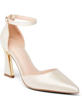 Women's Beige Pumps Point Closed Toe Heels Buckle Ankle Straps Heeled Sandals